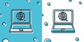 Black Website on laptop screen icon isolated on blue and white background. Laptop with globe and cursor. World wide web