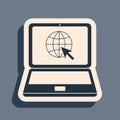 Black Website on laptop screen icon isolated on grey background. Laptop with globe and cursor. World wide web symbol Royalty Free Stock Photo