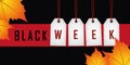 Black week promotion hanging label on red background with autumn leaves Royalty Free Stock Photo