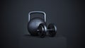 Black weights and dumbbells on a black podium. sports concept.