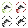 Black Western cowboy hat icon isolated on white background. Circle button. Vector Illustration