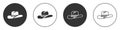 Black Western cowboy hat icon isolated on white background. Circle button. Vector Illustration