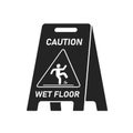 Black wet floor caution sign isolated on white background, Public warning symbol clipart. Slippery surface beware