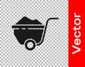 Black Wheelbarrow with dirt icon isolated on transparent background. Tool equipment. Agriculture cart wheel farm. Vector