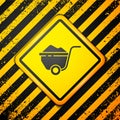 Black Wheelbarrow with dirt icon isolated on yellow background. Tool equipment. Agriculture cart wheel farm. Warning