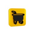 Black Wheelbarrow icon isolated on transparent background. Tool equipment. Agriculture cart wheel farm. Yellow square