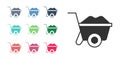 Black Wheelbarrow icon isolated on white background. Tool equipment. Agriculture cart wheel farm. Set icons colorful Royalty Free Stock Photo