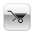 Black Wheelbarrow icon isolated on white background. Tool equipment. Agriculture cart wheel farm. Silver square button