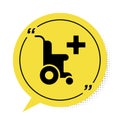 Black Wheelchair for disabled person icon isolated on white background. Yellow speech bubble symbol. Vector