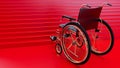 black wheelchair in front of red stairs. Problems of people with disabilities,