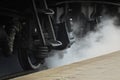 Black wheels of an old USSR locomotive. Vintage wheels of an old soviet freight railca Royalty Free Stock Photo