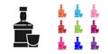 Black Whiskey bottle and glass icon isolated on white background. Set icons colorful. Vector Royalty Free Stock Photo