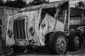 Black and White Abandoned Old Rusted Pickup Truck . Royalty Free Stock Photo