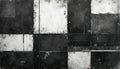 Black and white abstract collage texture features distressed square and rectangular panels. Grungy tiled surface with rough Royalty Free Stock Photo