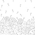 Black and white abstract dandelion design. Simple outline banner made of flowers, leaves and fluff