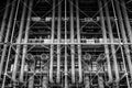 A black and white abstract grid of pipes and vents of the post-modern Centre Pompidou