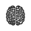 Black and white Abstract human brain with the icons of art and science. The concept of work left and right sides of the human brai Royalty Free Stock Photo