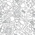 Black and white abstract outline seamless vector pattern. Background for textile and fabric. Ice cream, delicious, candy,