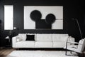 Black and white abstract painting on empty wall of cozy living room interior Royalty Free Stock Photo