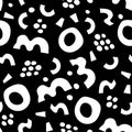 Black and white abstract paper cut shapes seamless pattern. Monochrome doodles background. Simple elements like O M letters dots, Royalty Free Stock Photo