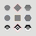 Black and white abstract parallel inner lines shapes emblems and icons set on gray