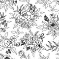 Black and white, roses bouquets floral pattern, black outline handmade illustration over white background.