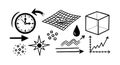 Black and white abstract science symbols line art with clock cube graph water drop and arrow shapes Royalty Free Stock Photo