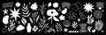 Black and White abstract set of natural and geometrical shapes. Groovy funky flower, branches, star, loop, waves and symbols in