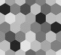 Black and white abstract simple striped hexagons geometric seamless pattern, vector Royalty Free Stock Photo