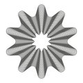 A black and white abstract star made of concentric lines, creating the illusion of movement.