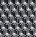 Black and white abstract textured geometric seamless pattern. Vector contrast textile backdrop with three-dimensional cubes and s