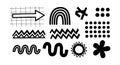 Black and white abstract vector shapes collection including arrow grid, rainbow arch, zigzag lines, dots pattern and sun flower Royalty Free Stock Photo
