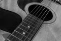 Black and white acoustic guitar with sound hole and pickguard