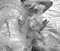 Black and white action image of woman shielding from torrent of water.