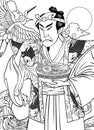 Black And White Adult Coloring Page of A Man Eating Delicious Ramen in Ukiyo E Style