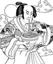 Black And White of Adult Coloring Page of A Man Eating Ramen in Ukiyo E Style