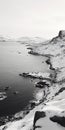 Black And White Aerial Photography Of Snowy Shore And Water