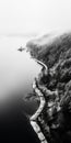 Black And White Aerial Photography Of Winter Fjord And Rocky Beach Royalty Free Stock Photo
