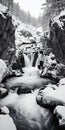 Black And White Aerial Photography Of Winter Waterfall And Rocky Beach