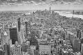 Black and white aerial picture of Manhattan, New York, USA.