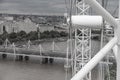 Black and white aerial view of the Jubilee Footbridge from the London Eye