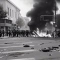 Black and white, AI-generated illustration of a violent protest on the street