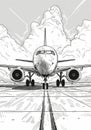 Black and white airplane on runway for children's coloring book