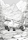 Black and white airplane on runway for children's coloring book