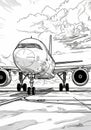 Black and white airplane on runway for children's coloring book