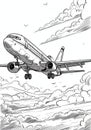 Black and white airplane in sky for children's coloring