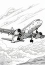 Black and white airplane in sky for children's coloring