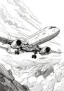 Black and white airplane in sky for children's coloring