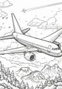 Black and white airplane in sky for children's coloring