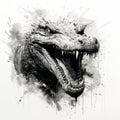 Black And White Alligator Head Illustration: Fantasy Characters In Dynamic Spray Paint Style